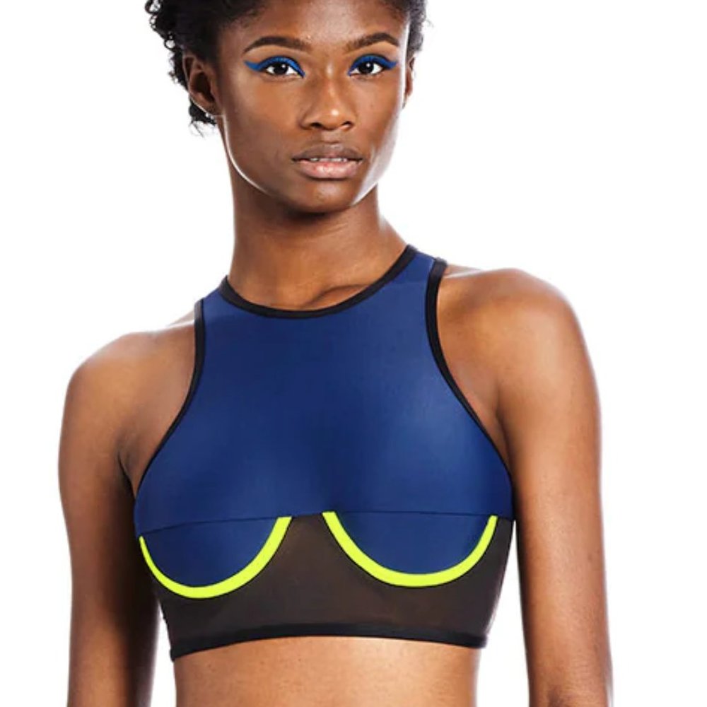Chromat Racerback Crop Swim Top | Midnight Blue Black Neon Green | Size Small